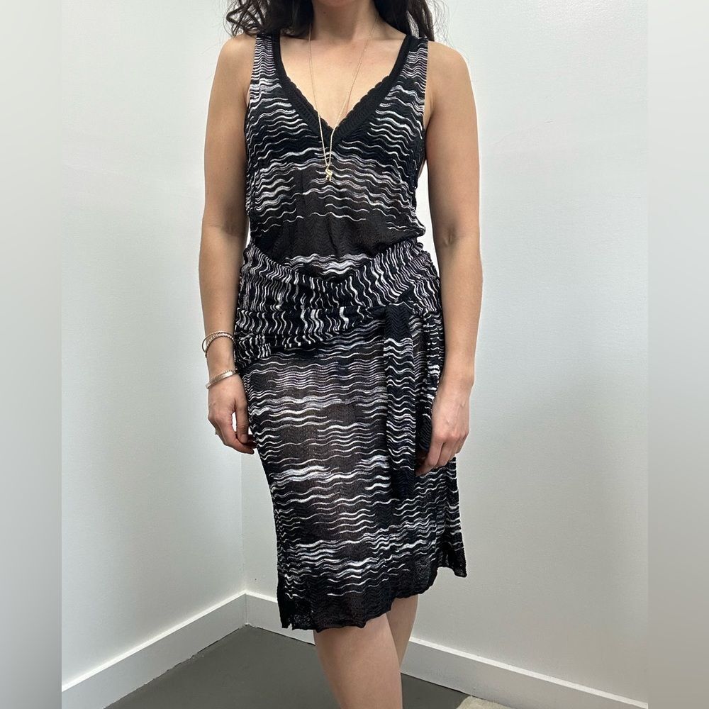 Missoni Black & White Knit Striped Sheer Sheath Dress Sleeveless Waist Tie 12
